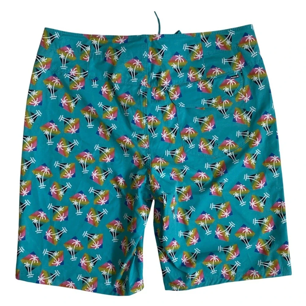 Hurley Mens Teal Palm Tree Rainbow Print Board Shorts‎ Swim Trunks Size 32